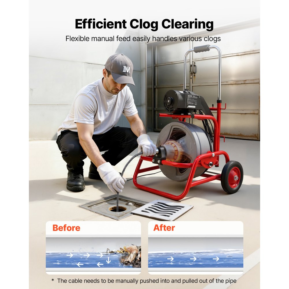 VEVOR Drain Cleaner Machine 75 FT x 1/2 Inch, Sewer Snake Auger on Wheels, Manual Feed Drain Cleaning Machine with Adjustable Drum Angle, 6 Cutters & Air-activated Foot Switch for 2" to 6" Pipes