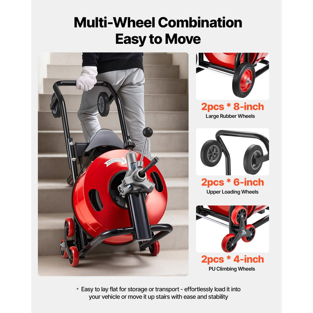 VEVOR Drain Cleaner Machine 100 FT x 3/4 Inch, Auto Feed Sewer Snake Auger, Portable Drain Cleaning Machine with Multi-Wheel Combination, 6 Cutters & Air-Activated Foot Switch for 4" to 8" Pipes