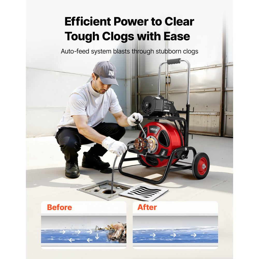 VEVOR Drain Cleaner Machine 75 FT x 1/2 Inch, Auto Feed Sewer Snake Auger, Portable Drain Cleaning Machine with Climbing Wheels, Adjustable Drum, 8 Cutters & Foot Switch for 2" to 6" Pipes
