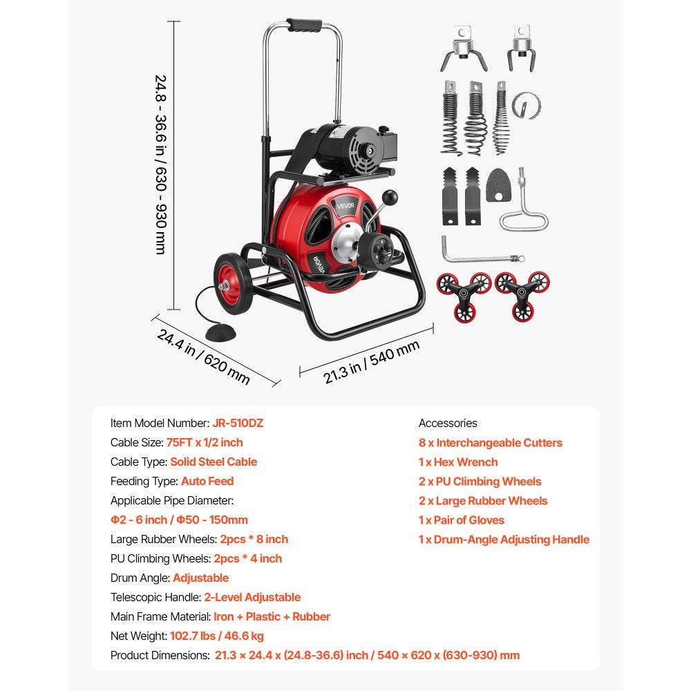 VEVOR Drain Cleaner Machine 75 FT x 1/2 Inch, Auto Feed Sewer Snake Auger, Portable Drain Cleaning Machine with Climbing Wheels, Adjustable Drum, 8 Cutters & Foot Switch for 2" to 6" Pipes