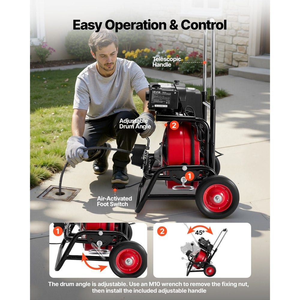 VEVOR Drain Cleaner Machine 100 FT x 3/8 Inch, Auto Feed Sewer Snake Auger, Portable Drain Cleaning Machine with Climbing Wheels, Adjustable Drum, 8 Cutters & Foot Switch for 2" to 4" Pipes