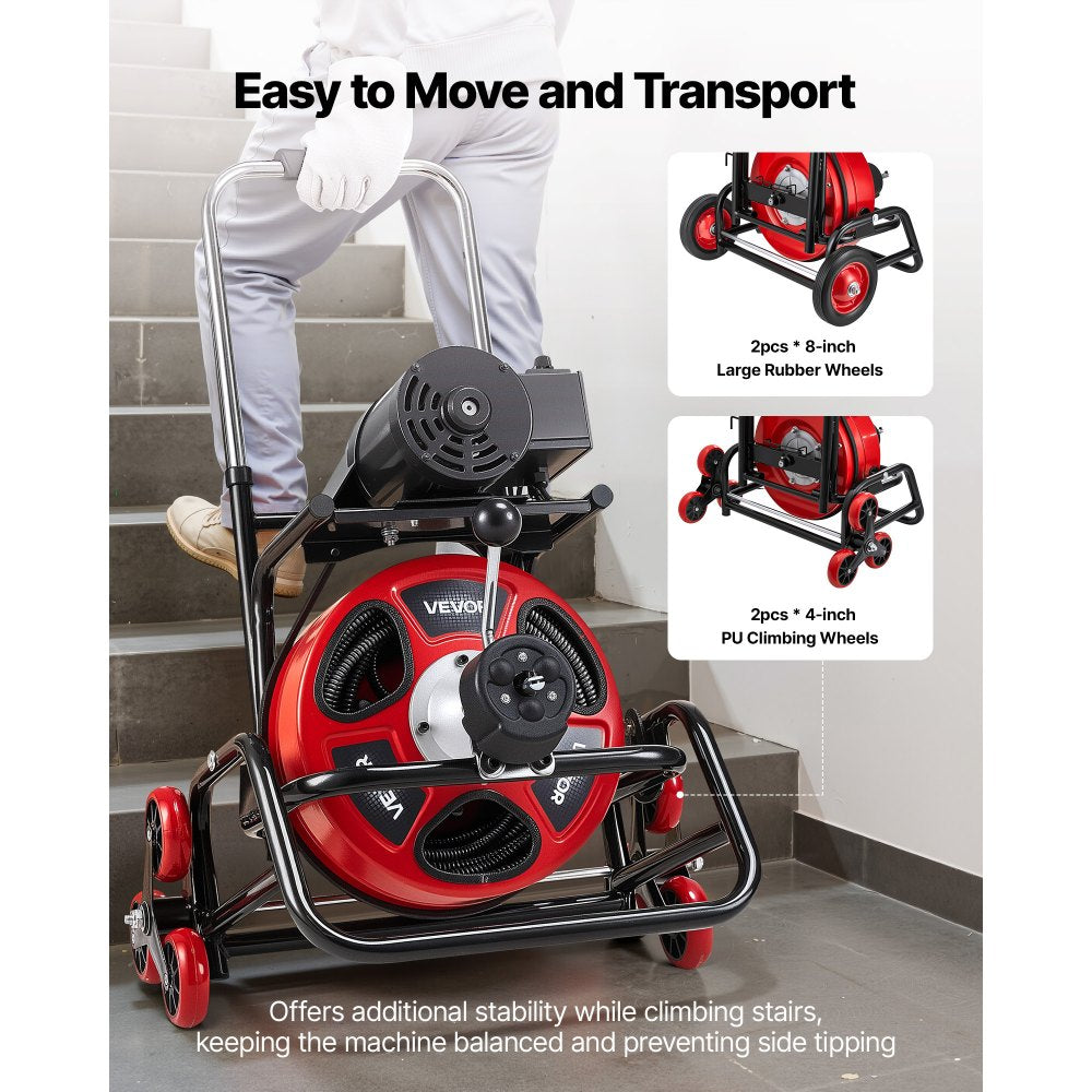 VEVOR Drain Cleaner Machine 100 FT x 3/8 Inch, Auto Feed Sewer Snake Auger, Portable Drain Cleaning Machine with Climbing Wheels, Adjustable Drum, 8 Cutters & Foot Switch for 2" to 4" Pipes