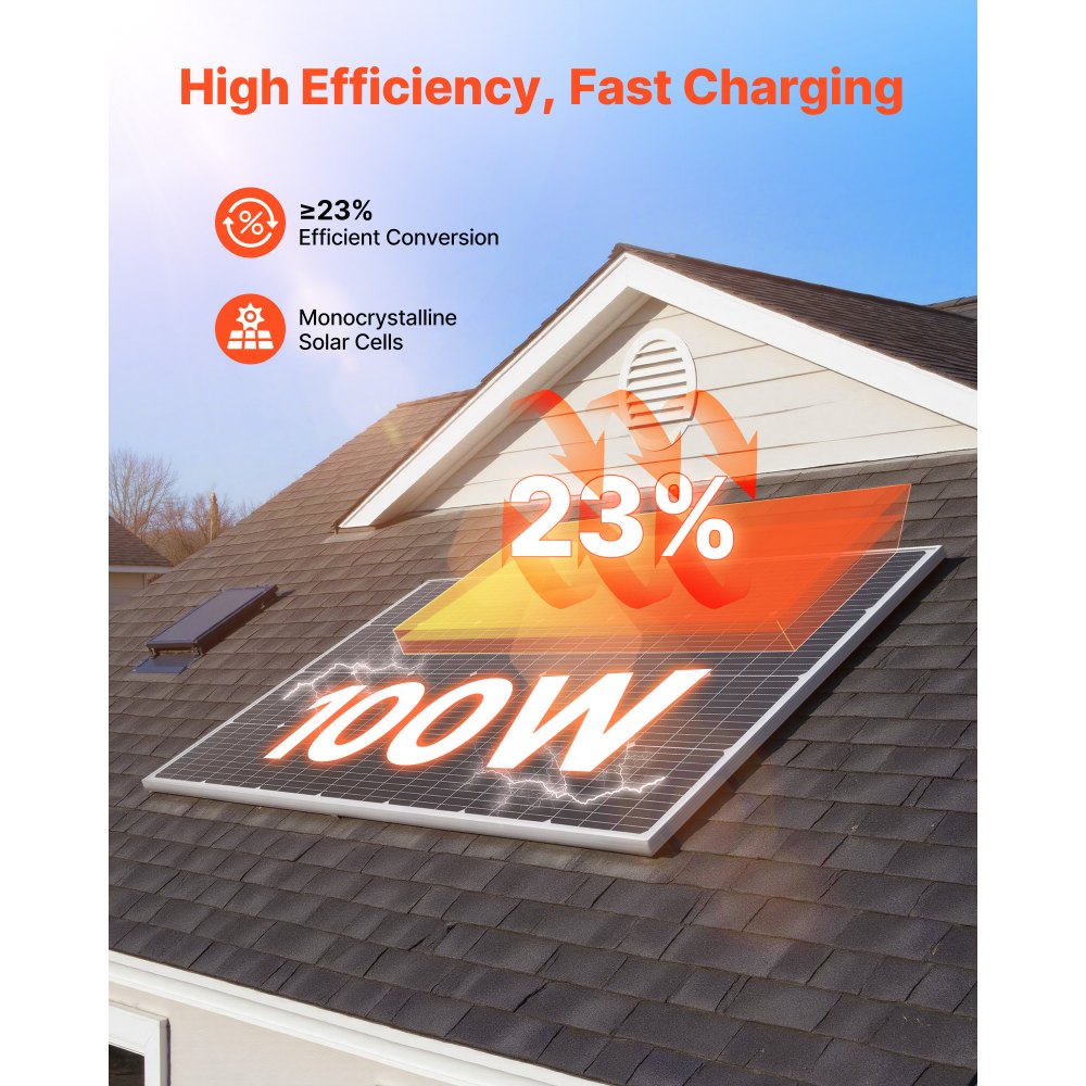VEVOR 100W Monocrystalline Solar Panel, 23% High-Efficiency Mono PV Module with Stable MC4 Output & Aluminum Frame, IP65 Waterproof Solar Panel for Car Boat RV Flat Rooftop Off-Grid Applications