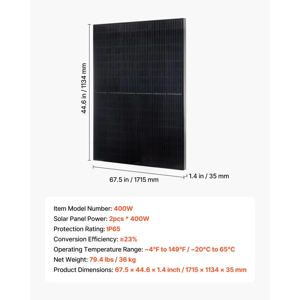 VEVOR 2PCS 400W Monocrystalline Solar Panels, 23% High-Efficiency Mono PV Module with Stable MC4 Output & Aluminum Frame, IP65 Waterproof Solar Panel for Car Boat RV Flat Rooftop Off-Grid Applications
