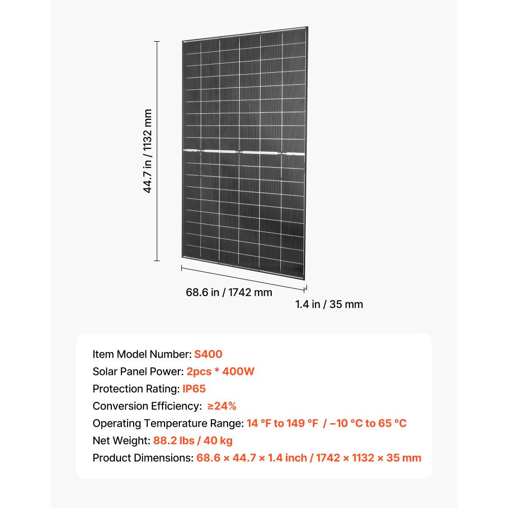 VEVOR 2PCS 400W Bifacial Solar Panels, 16BB N-Type Monocrystalline PV Module 24% Efficiency, IP65 Waterproof Solar Panel with MC4 Output & Aluminum Frame for Car Boat RV Flat Rooftop Off-Grid