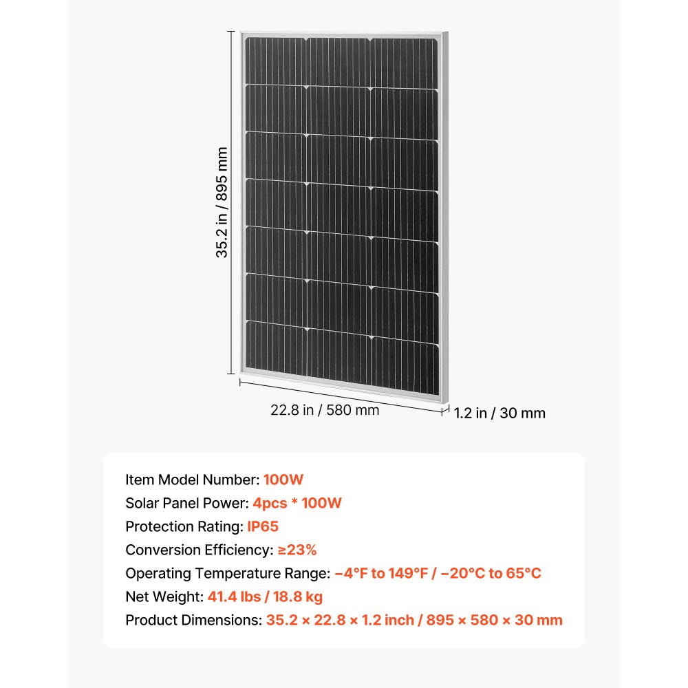 VEVOR 4PCS 100W Monocrystalline Solar Panels, 23% High-Efficiency Mono PV Module with Stable MC4 Output & Aluminum Frame, IP65 Waterproof Solar Panel for Car Boat RV Flat Rooftop Off-Grid Applications