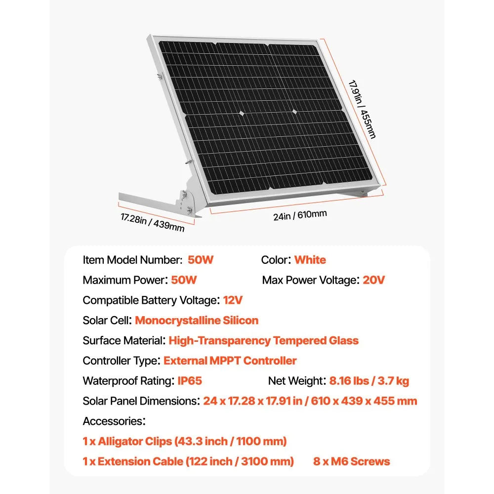 VEVOR 50W 12V Solar Battery Trickle Charger Maintainer, Mono Solar Panel Battery Charger with Upgraded MPPT Controller & Adjustable Mount Bracket, IP65 Waterproof for Car Boat RV Trailer House Roof
