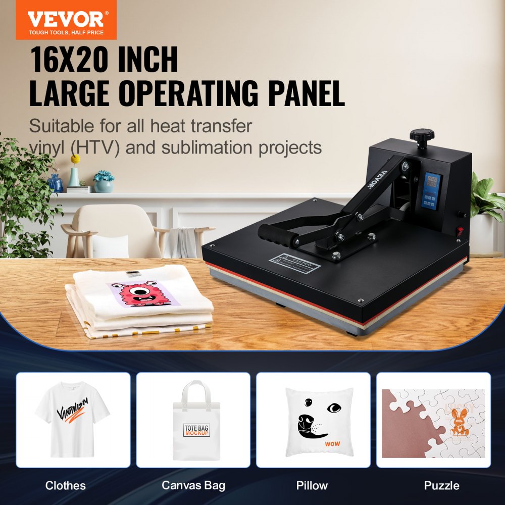 VEVOR Heat Press Machine 16 x 20 Inch High Pressure T-shirt Press Black, for T-Shirts, Fast Heating, Precise Control, Digital Industrial Sublimation Printer for Heat Transfer Vinyl, Easy to Use