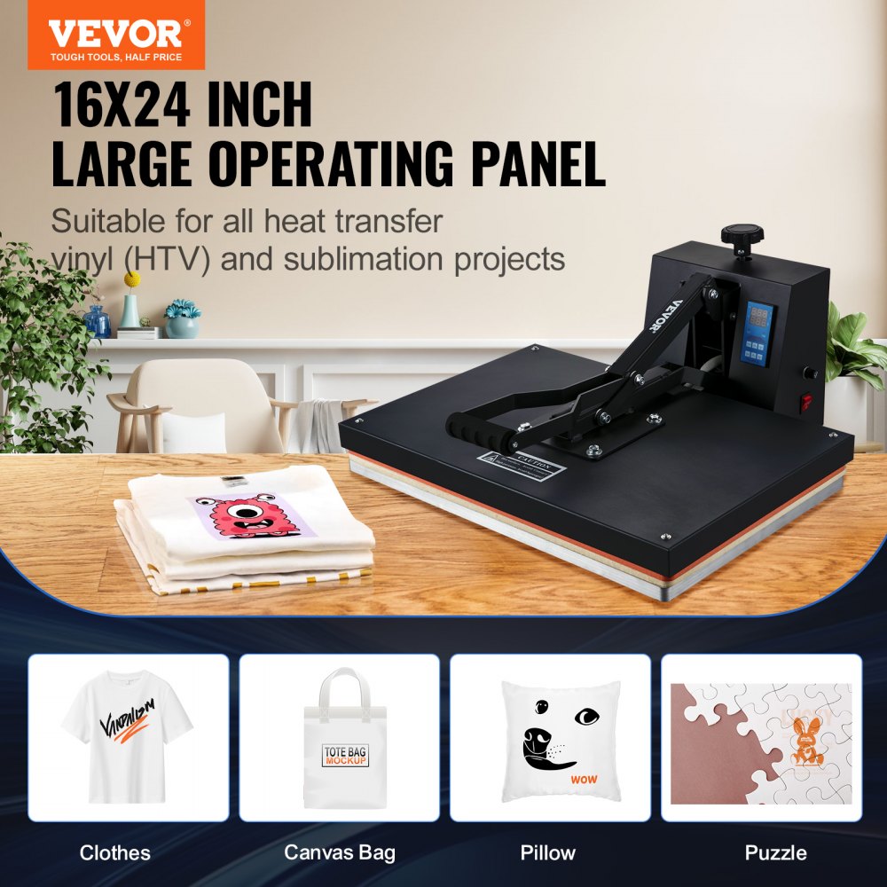 VEVOR Heat Press Machine 16 x 24 Inch High Pressure T-shirt Press Black, for T-Shirts, Fast Heating, Precise Control, Digital Industrial Sublimation Printer for Heat Transfer Vinyl, Easy to Use
