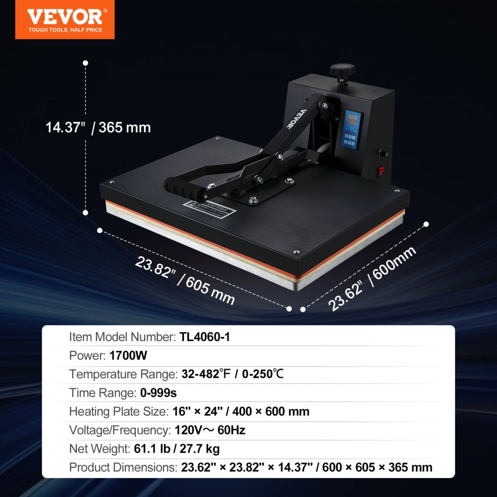 VEVOR Heat Press Machine 16 x 24 Inch High Pressure T-shirt Press Black, for T-Shirts, Fast Heating, Precise Control, Digital Industrial Sublimation Printer for Heat Transfer Vinyl, Easy to Use