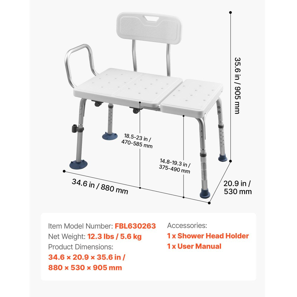 VEVOR Tub Transfer Bench for Bathtub, 400 lbs Capacity Heavy Duty Shower Chair with Arm, Backrest and Curtain Slot, Height Adjustable Shower Bench Bath Seat for Adults, Seniors, Elderly and Disabled