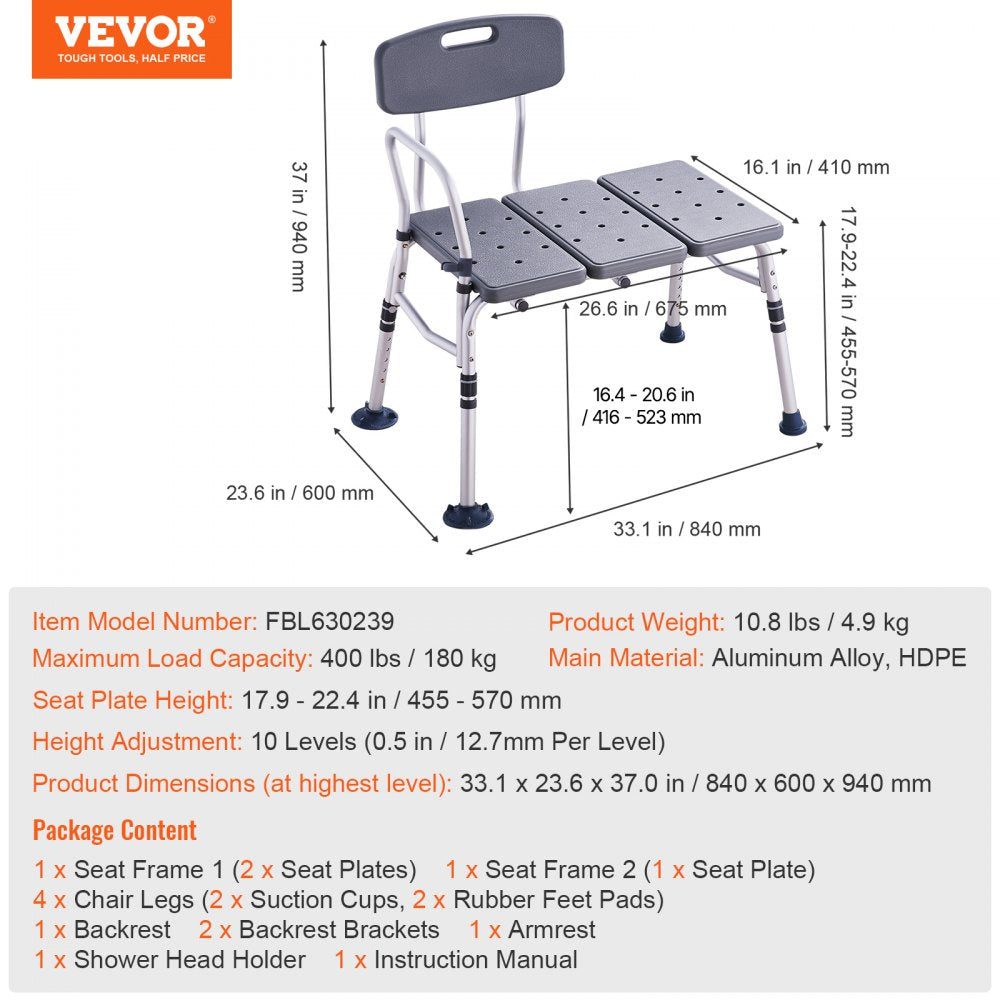 VEVOR Tub Transfer Bench for Bathtub, Adjustable Shower Seats for Adults, Lightweight Shower Bench for Elderly and Disabled, Non-Slip Bath Seats with Armrest and Reversible Backrest, 400lbs Capacity