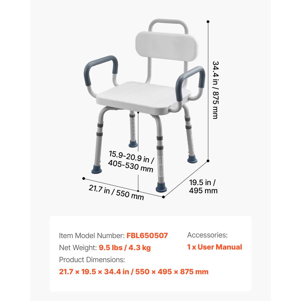 VEVOR Swivel Shower Chair with Arms and Back, 400 lbs Heavy Duty Bench Seat for Inside Shower Stall and Bathtub, Height Adjustable Bathroom Bath Tub Seat for Adults, Seniors, Elderly and Disabled