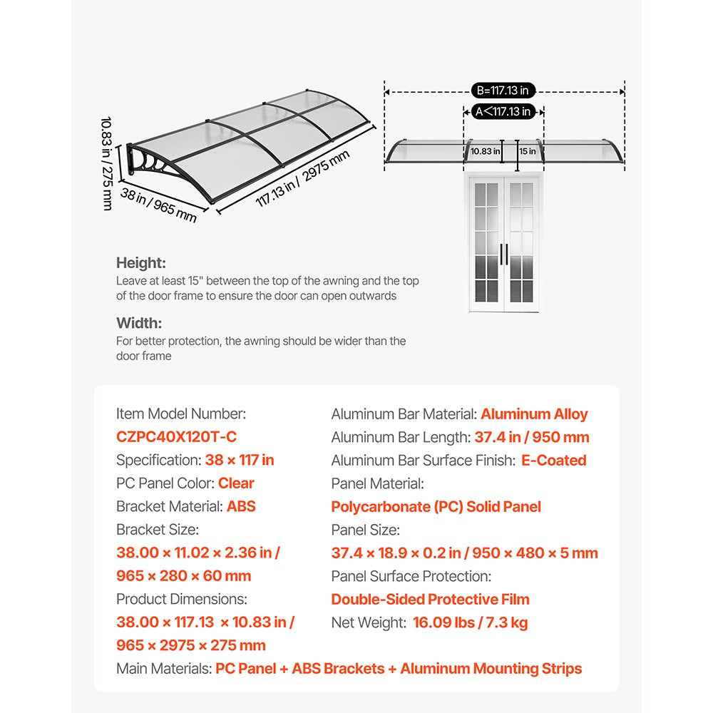 VEVOR Awnings for Door Entrance, 38 x 117 in, Exterior Front Door Window Awnings with Drainage & ABS Bracket, Rain Snow Sun Protection, Overhang Polycarbonate Door Canopy for Porch Patio, Clear