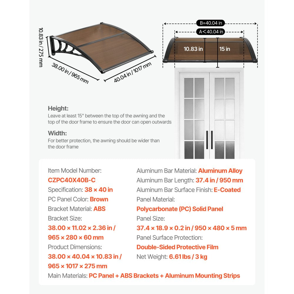 VEVOR Awnings for Door Entrance, 38 x 40 in, Exterior Front Door Window Awnings with Drainage & ABS Bracket, Rain Snow Sun Protection, Overhang Polycarbonate Door Canopy for Porch Patio, Brown