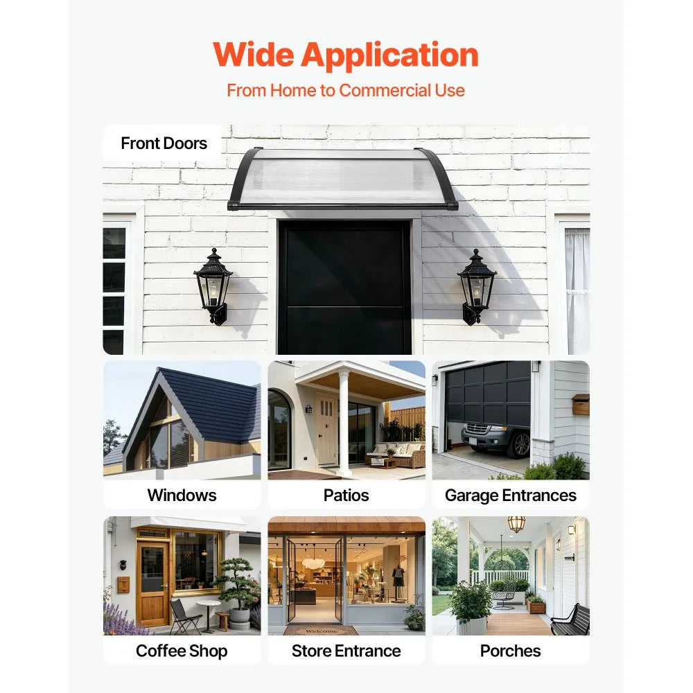 VEVOR Awnings for Door Entrance, 38 x 40 in, Exterior Front Door Window Awnings with Drainage & ABS Bracket, Rain Snow Sun Protection, Overhang Polycarbonate Door Canopy for Porch Patio, Clear