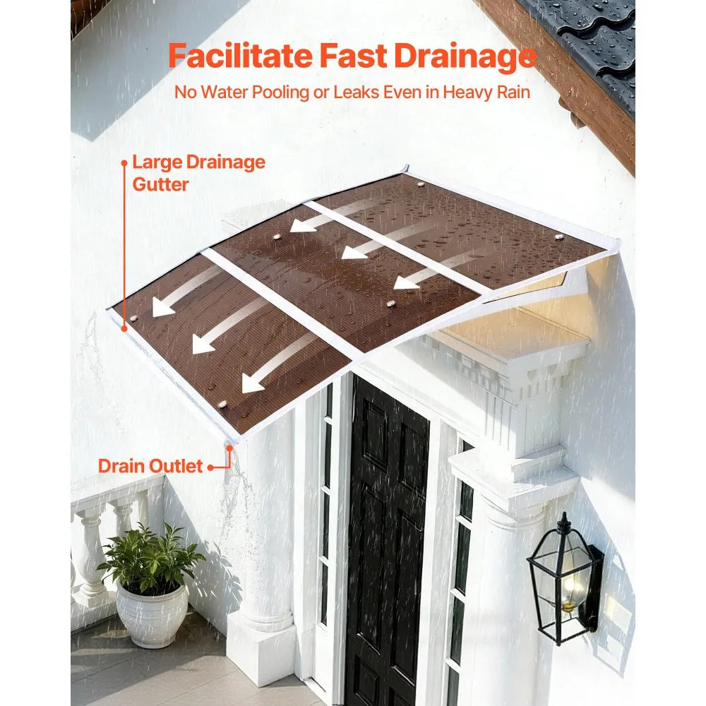 VEVOR Awnings for Door Entrance, 37 x 47 in, Exterior Front Door Window Awnings with Drainage & ABS Bracket, Rain Snow Sun Protection, Overhang Polycarbonate Door Canopy for Porch Patio, Brown