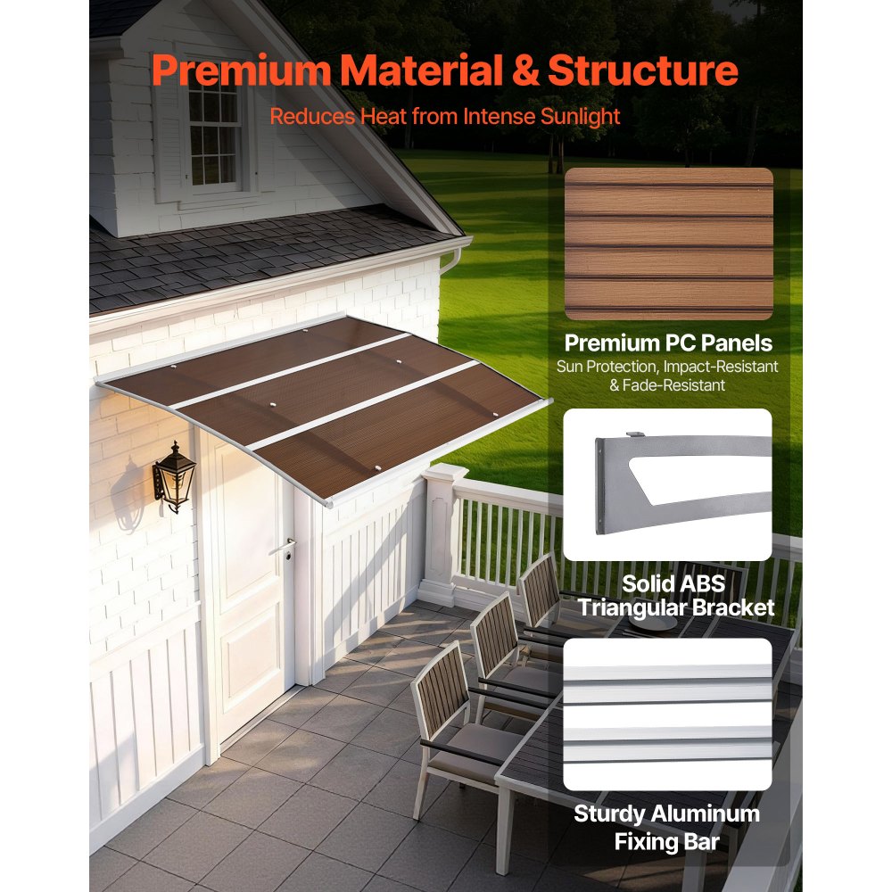 VEVOR Awnings for Door Entrance, 39 x 59 in, Exterior Front Door Window Awnings with Drainage & Metal Bracket, Rain Snow Sun Protection, Overhang Polycarbonate Door Canopy for Porch Patio, Brown