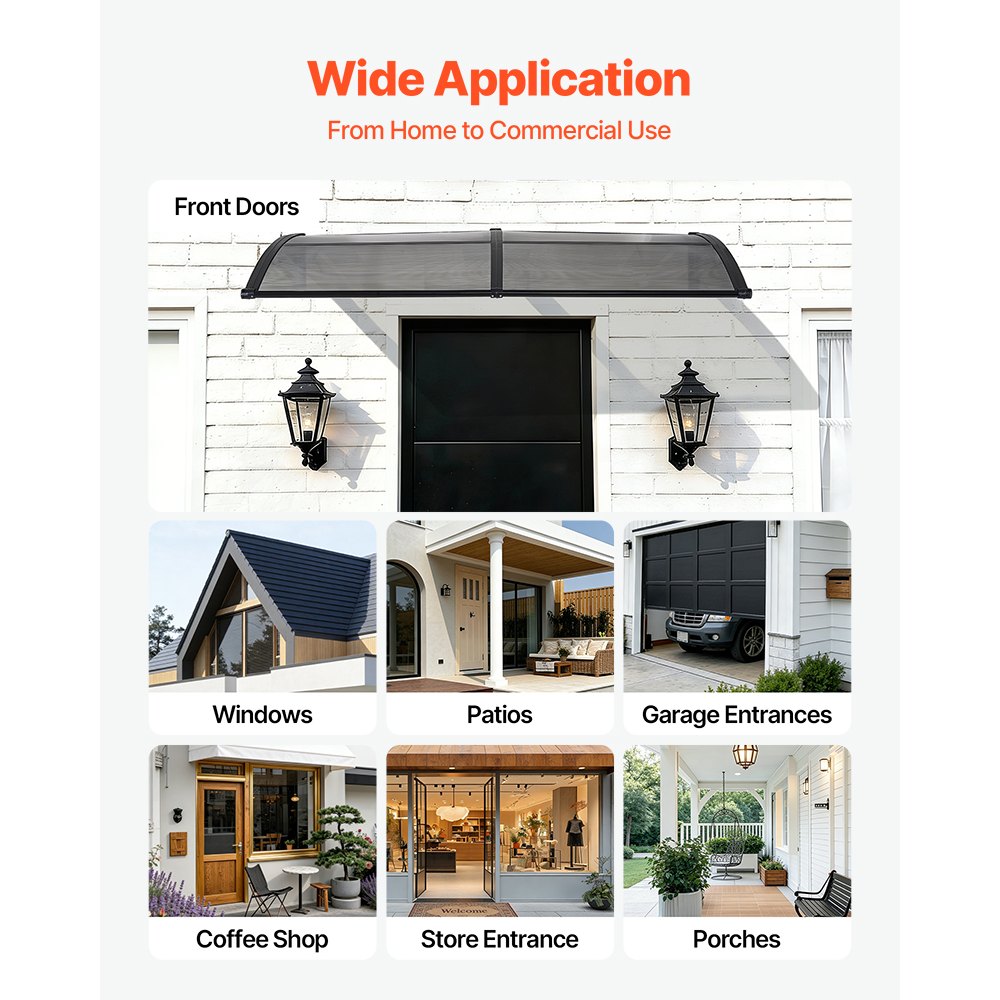 VEVOR Awnings for Door Entrance, 38 x 78 in, Exterior Front Door Window Awnings with Drainage & ABS Bracket, Rain Snow Sun Protection, Overhang Polycarbonate Door Canopy for Porch Patio, Smoky Gray