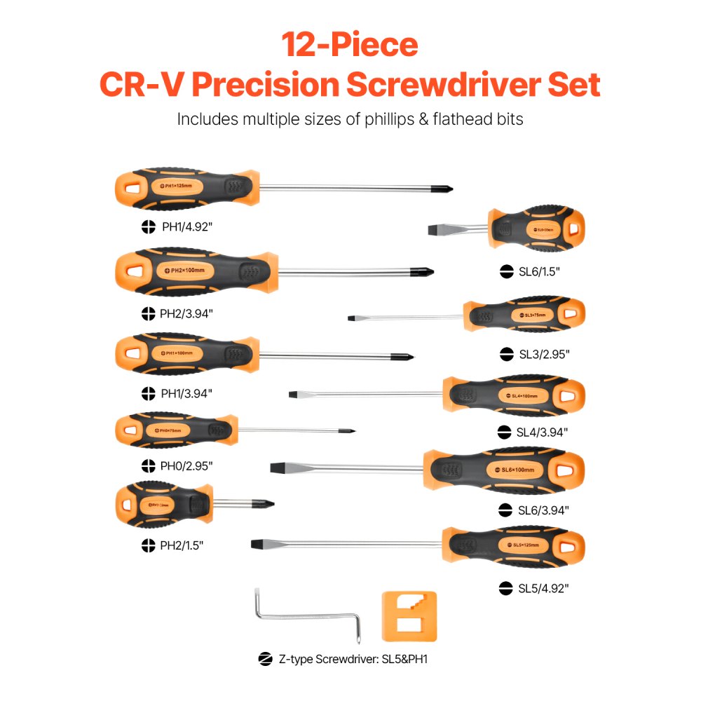 VEVOR Screwdriver Set, 12-Piece Hand Tools Set with Magnetic Tips, Includes 5 Phillips and 5 Flat Head Bits, Z-Type Bit, Professional Repair Tool Kit for Sockets, Furniture, Home Appliances, Bicycles