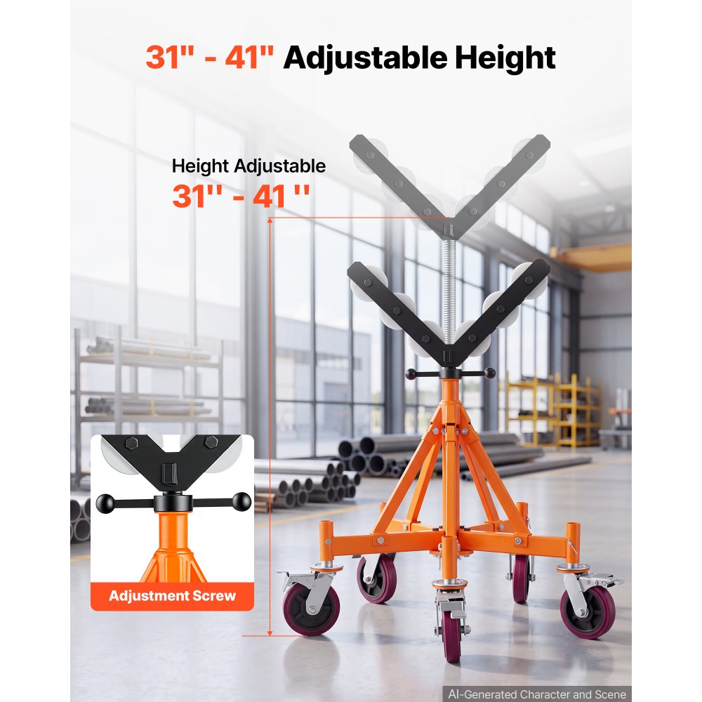 VEVOR Heavy Duty Pipe Roller Stand with Casters for 4-36 in Pipes, Adjustable Height 31"-41", 360° Swivel Casters & Security Chain, 2500 lbs Capacity Roller Stand for Pipe Welding Fabrication
