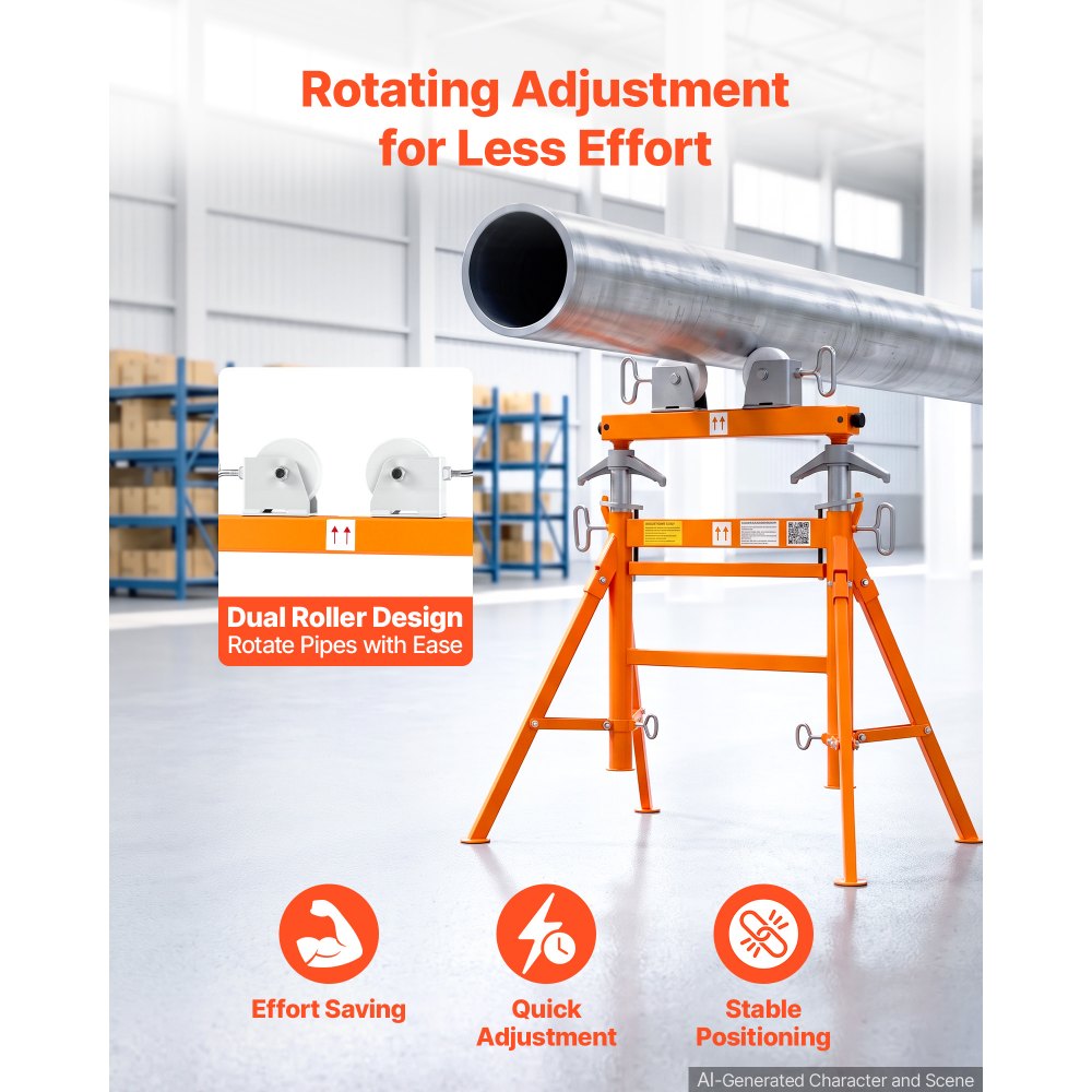 VEVOR Pipe Stand with Roller Head, Heavy Duty 2500LBS Capacity, Fits 2"-36" Pipes, 34"-52" Adjustable Height, Dual-Roller Pipe Stand, Rugged Carbon Steel Support for Welding, Fabrication & Woodworking
