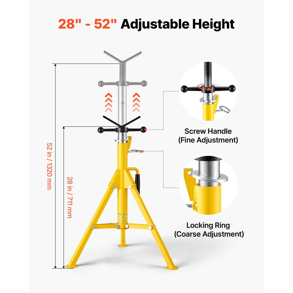 VEVOR V-Head Pipe Stand for 1/8–12 in Pipes, Heavy-Duty 2500LBS Capacity, Adjustable Height 28" - 52", Portable Folding Support Stand for Welding, Cutting & Versatile Piping Projects