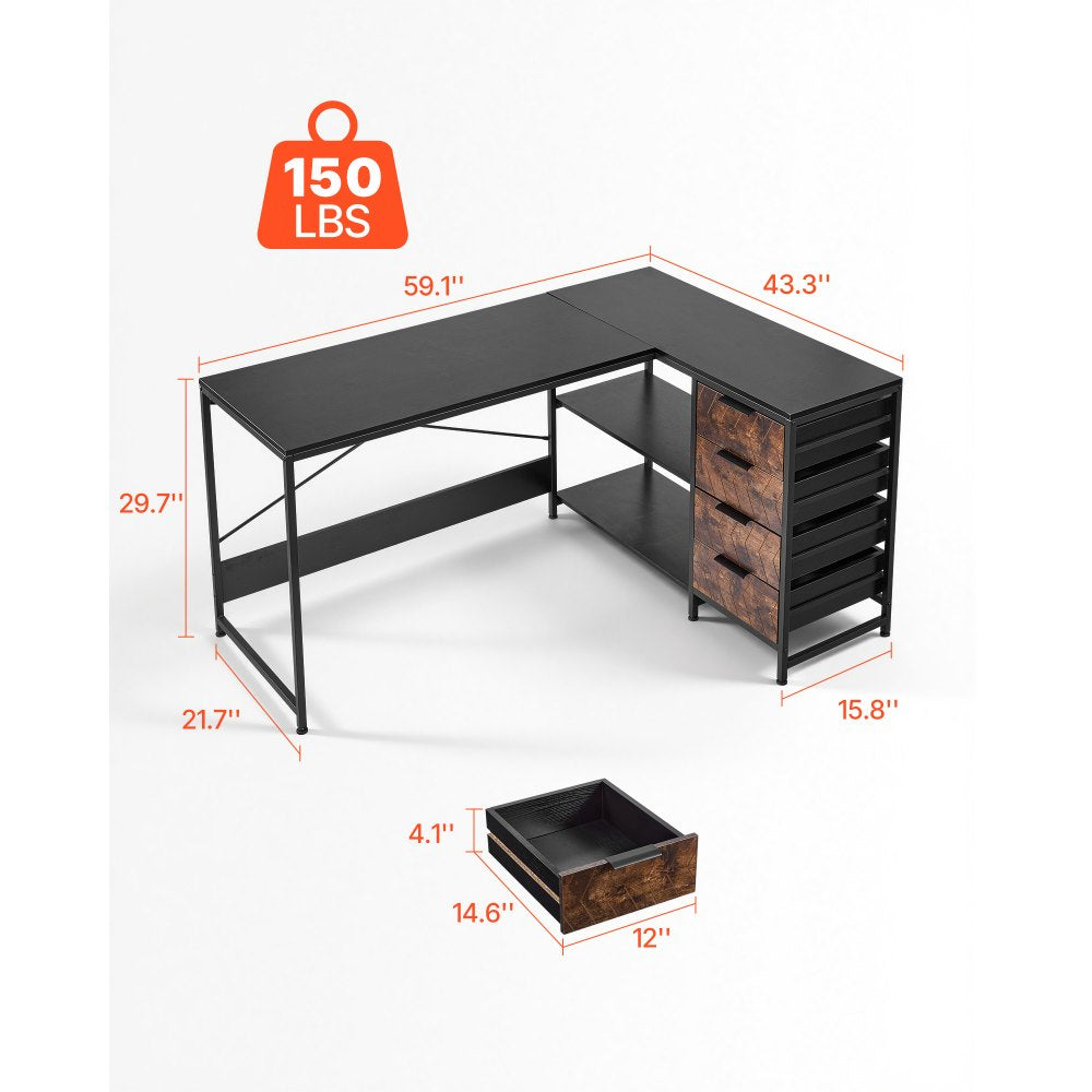 VEVOR L-Shaped Computer Desk, 59-inch Reversible Corner Gaming Desk with Drawers & Storage Shelves, Modern Stylish PC Table Sturdy Work Workstation for Home Office - Easy to Assembly