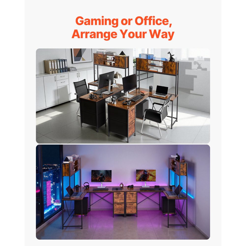 VEVOR L-Shaped Gaming Desk with LED Lights, 62.2-inch Reversible Corner Computer Desk with Power Outlets, Movable CPU Stand & Storage Drawers, Modern Stylish PC Gaming Table for Home Office
