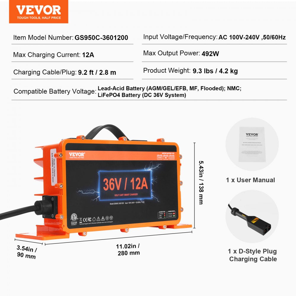 VEVOR 36 Volt Golf Cart Battery Charger, 12 AMP, Smart Battery Charger with D-Style Plug, Compatible with Lead-Acid AGM/GEL/EFB MF NMC LiFePO4 Batteries for EZGO TXT, IP67 Waterproof ETL Certified