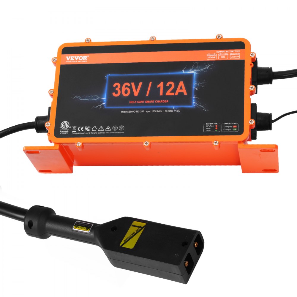 VEVOR 36 Volt Golf Cart Battery Charger, 12 AMP, Smart Battery Charger with D-Style Plug, Compatible with Lead-Acid AGM/GEL/EFB MF NMC LiFePO4 Batteries for EZGO TXT, IP67 Waterproof ETL Certified