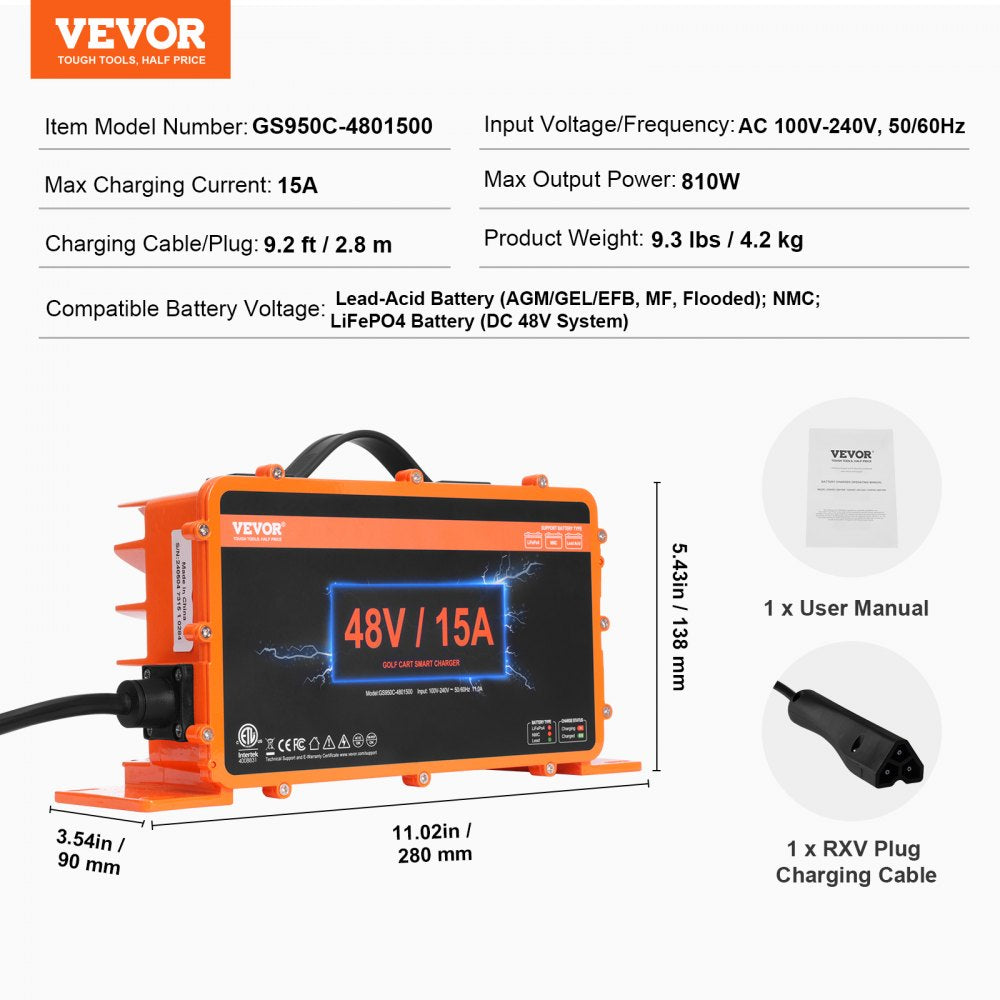 VEVOR 48 Volt Golf Cart Battery Charger, 15 AMP, Smart Battery Charger with RXV Plug, Compatible with Lead-Acid AGM/GEL/EFB MF Flooded NMC LiFePO4 Batteries for EZGO TXT, IP67 Waterproof ETL Certified