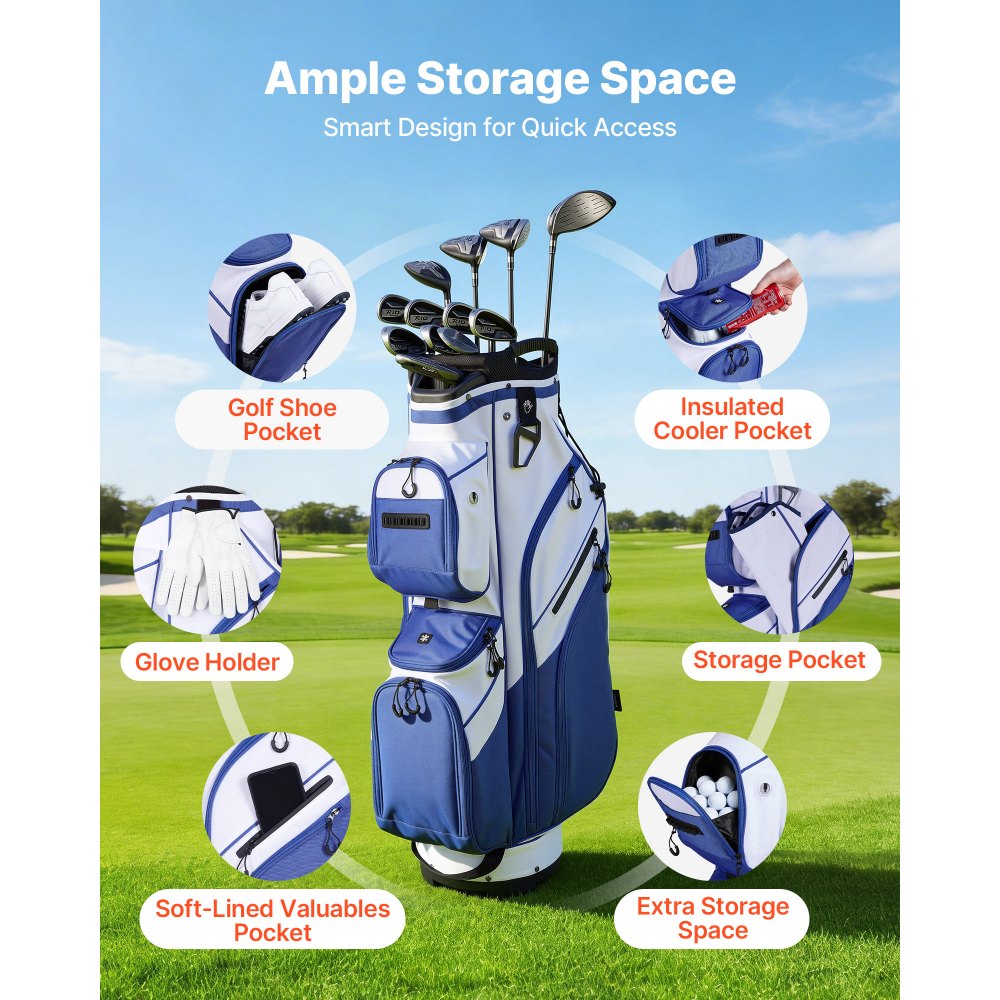 VEVOR Golf Cart Bag, 15 Way Top Divider Organizer, Golf Club Bag with Full-length Divider, Storage Pockets, Ergonomic Shoulder Strap, Rain Hood, Smooth Zippers, Lightweight Polyester for Men & Women