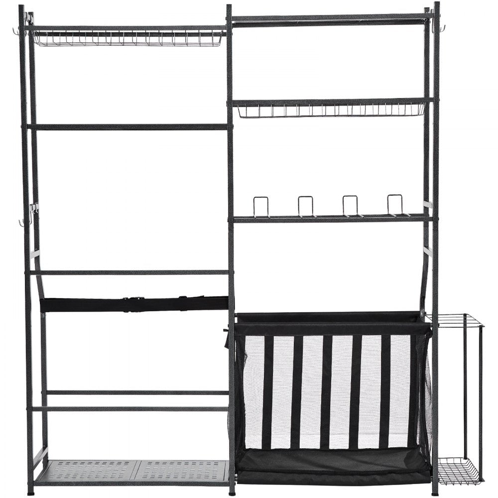 VEVOR Golf Storage Garage Organizer, 2 Golf Bag Storage Stand Holder and Other Sports Equipment Storage Rack, Outdoor Steel Ball Cart, Sports Gear and Toys Storage Shelves with Baskets & Hooks, Black