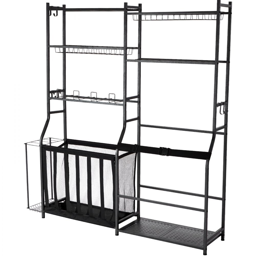 VEVOR Golf Storage Garage Organizer, 2 Golf Bag Storage Stand Holder and Other Sports Equipment Storage Rack, Outdoor Steel Ball Cart, Sports Gear and Toys Storage Shelves with Baskets & Hooks, Black