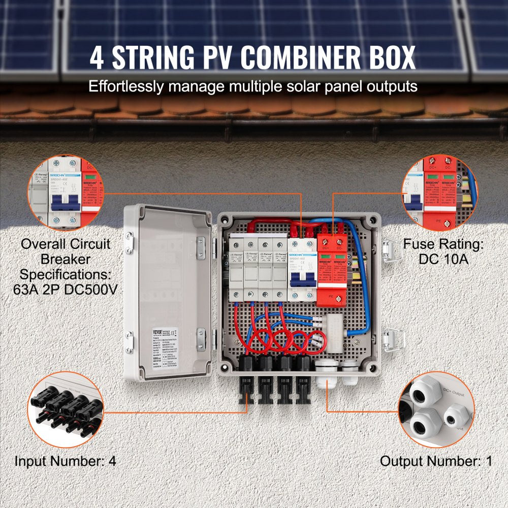 VEVOR PV Combiner Box, 4 String, Solar Combiner Box with 10A Rated Current Fuse 63A Circuit Breaker Lightning Arrester and Solar Connector, ABS Plastic Case for On / Off Grid Solar Panel System, IP65