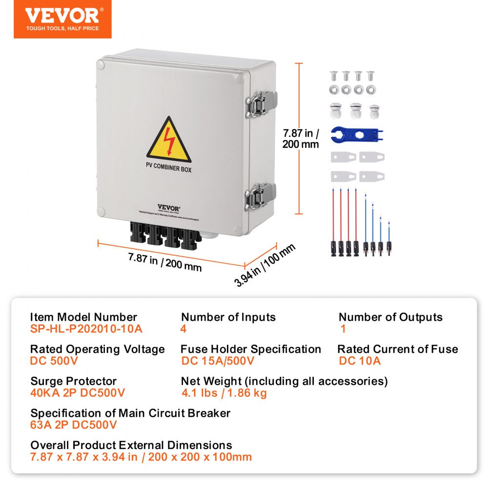 VEVOR PV Combiner Box, 4 String, Solar Combiner Box with 10A Rated Current Fuse 63A Circuit Breaker Lightning Arrester and Solar Connector, ABS Plastic Case for On / Off Grid Solar Panel System, IP65