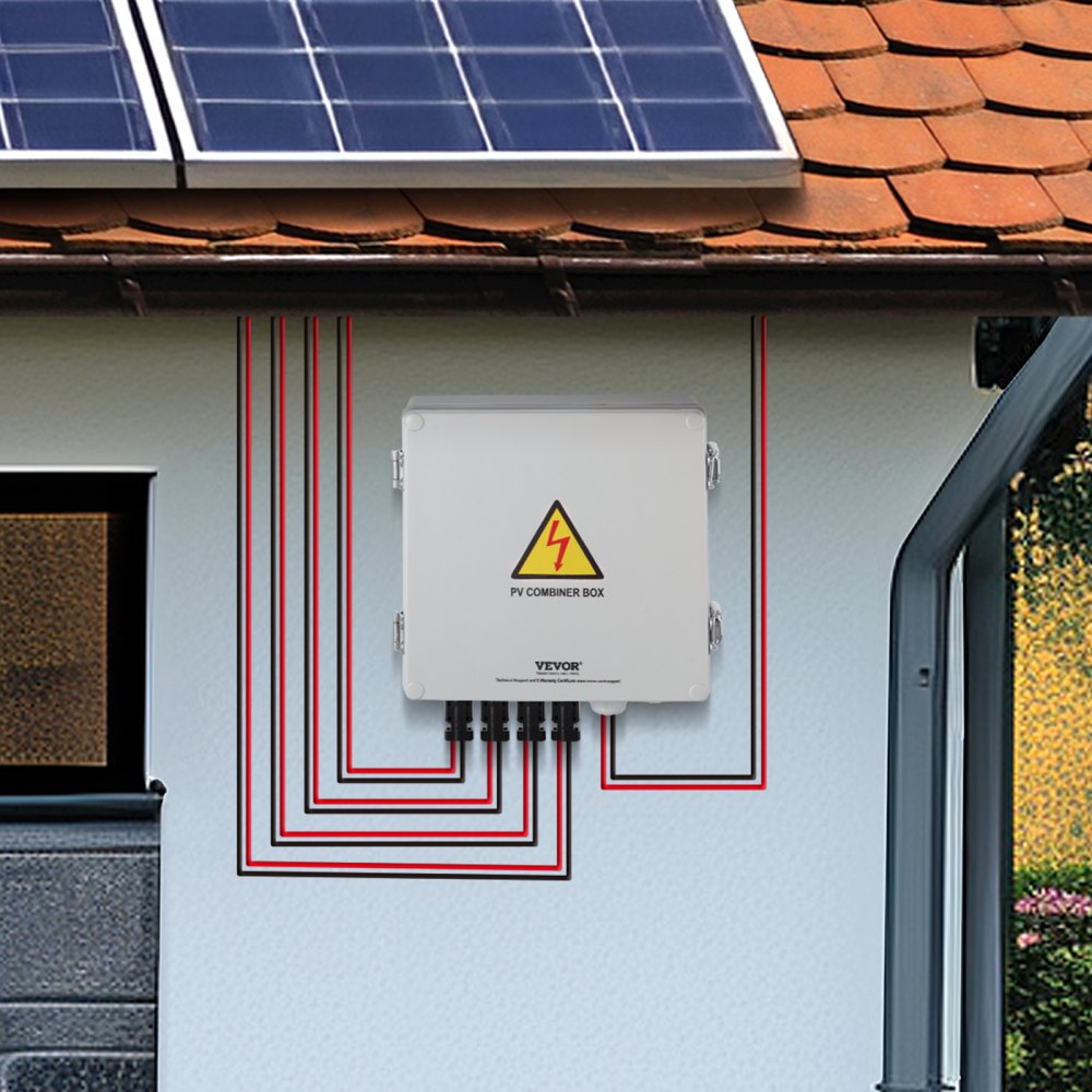 VEVOR PV Combiner Box, 4 String, Solar Combiner Box with 10A Rated Current Fuse 63A Circuit Breaker Lightning Arrester and Solar Connector, ABS Plastic Case for On / Off Grid Solar Panel System, IP65