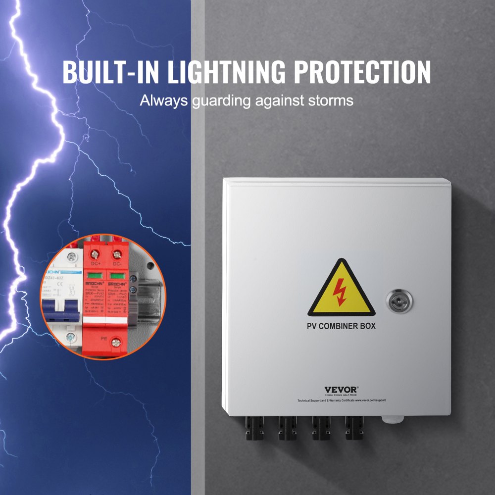 VEVOR PV Combiner Box, 4 String, Solar Combiner Box with 15A Rated Current Fuse 63A Circuit Breaker Lightning Arrester and Solar Connector, Steel Case for On / Off Grid Solar Panel System, IP65