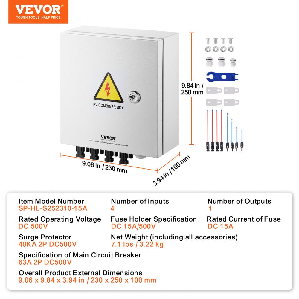 VEVOR PV Combiner Box, 4 String, Solar Combiner Box with 15A Rated Current Fuse 63A Circuit Breaker Lightning Arrester and Solar Connector, Steel Case for On / Off Grid Solar Panel System, IP65