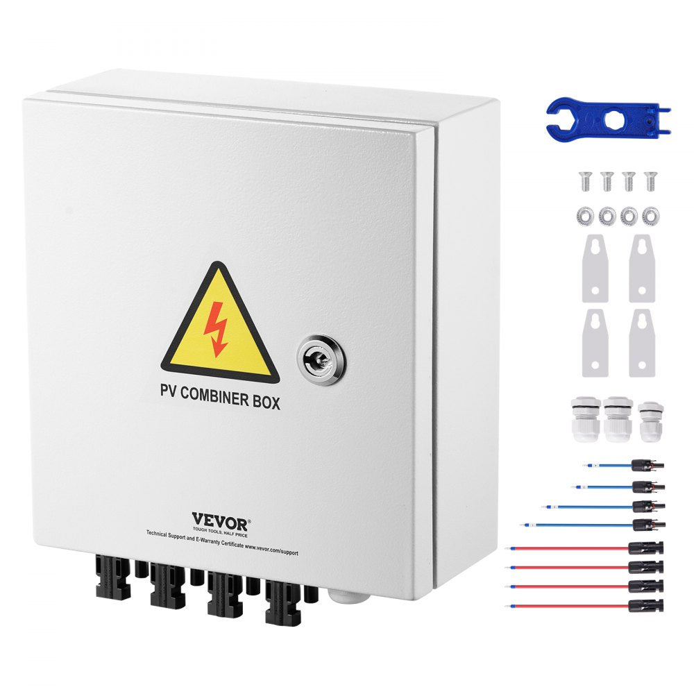 VEVOR PV Combiner Box, 4 String, Solar Combiner Box with 15A Rated Current Fuse 63A Circuit Breaker Lightning Arrester and Solar Connector, Steel Case for On / Off Grid Solar Panel System, IP65