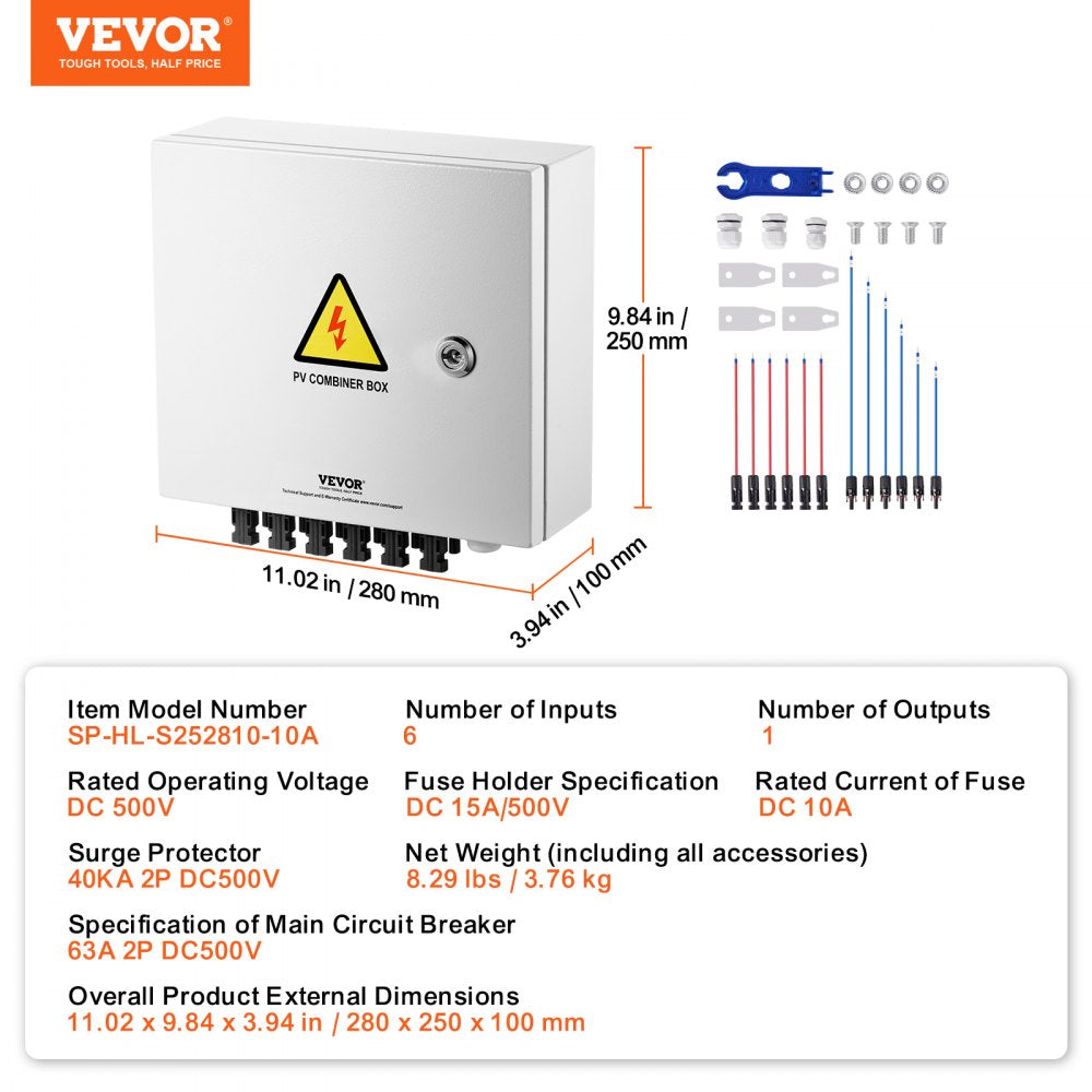 VEVOR PV Combiner Box, 6 String, Solar Combiner Box with 10A Rated Current Fuse 63A Circuit Breaker Lightning Arrester and Solar Connector, Steel Case for On / Off Grid Solar Panel System, IP65