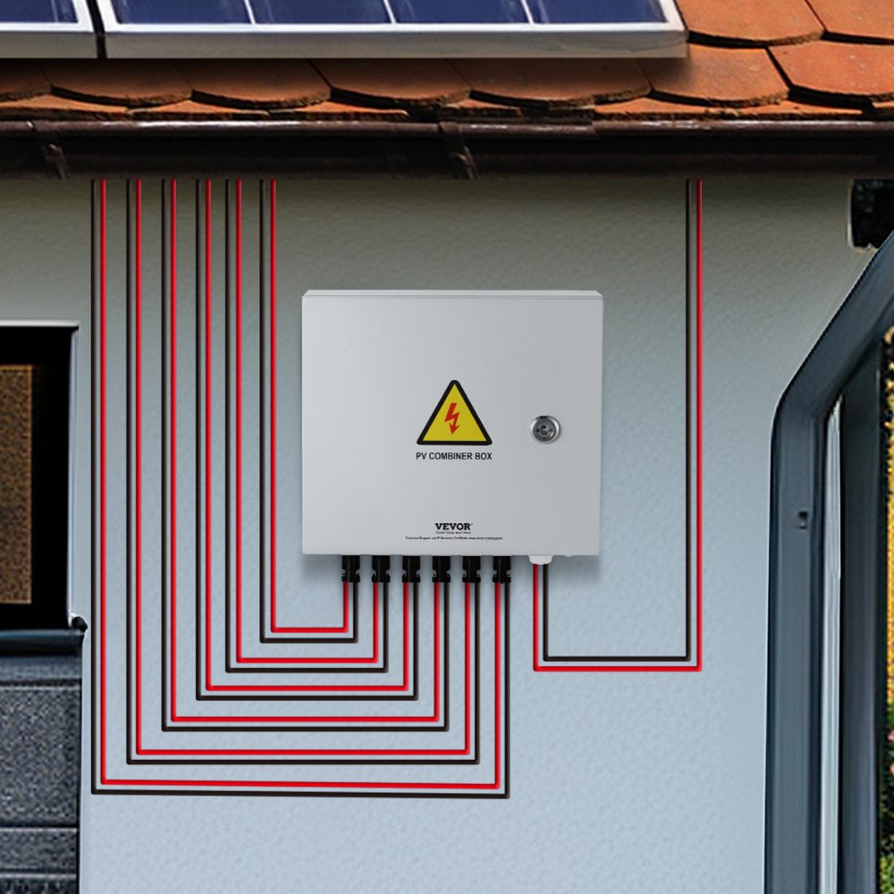 VEVOR PV Combiner Box, 6 String, Solar Combiner Box with 10A Rated Current Fuse 63A Circuit Breaker Lightning Arrester and Solar Connector, Steel Case for On / Off Grid Solar Panel System, IP65