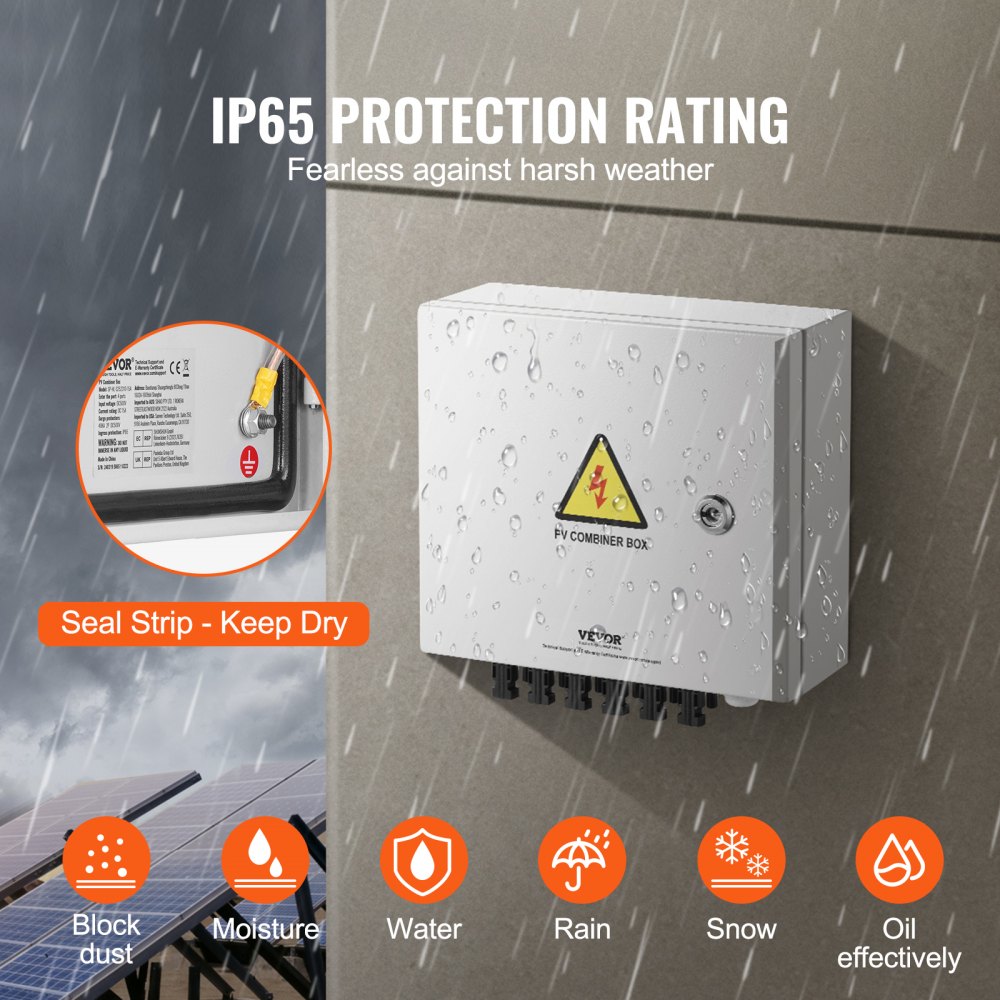 VEVOR PV Combiner Box, 6 String, Solar Combiner Box with 15A Rated Current Fuse 125A Circuit Breaker Lightning Arrester and Solar Connector, Steel Case for On / Off Grid Solar Panel System, IP65
