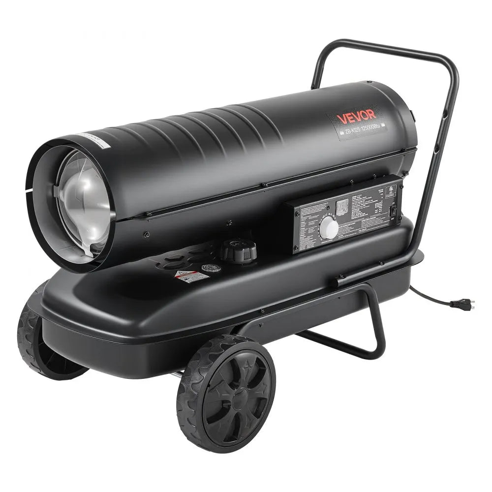VEVOR Forced Air Kerosene Heater, 125000 BTU Diesel Torpedo Space Heater, for Garage, Warehouse, Workshop, Job Site, Construction, Flexible Move with Wheels & Thermostat Control, Carbon Steel, Black