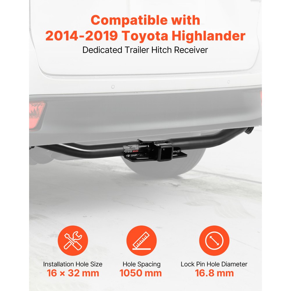 VEVOR Class 3 Trailer Hitch, 2-Inch Receiver, Compatible with 2014-2019 Toyota Highlander, Q345B Steel Tube Frame, Multi-Fit Hitch to Receive Ball Mount, Cargo Carrier, Bike Rack, and Tow Hook, Black