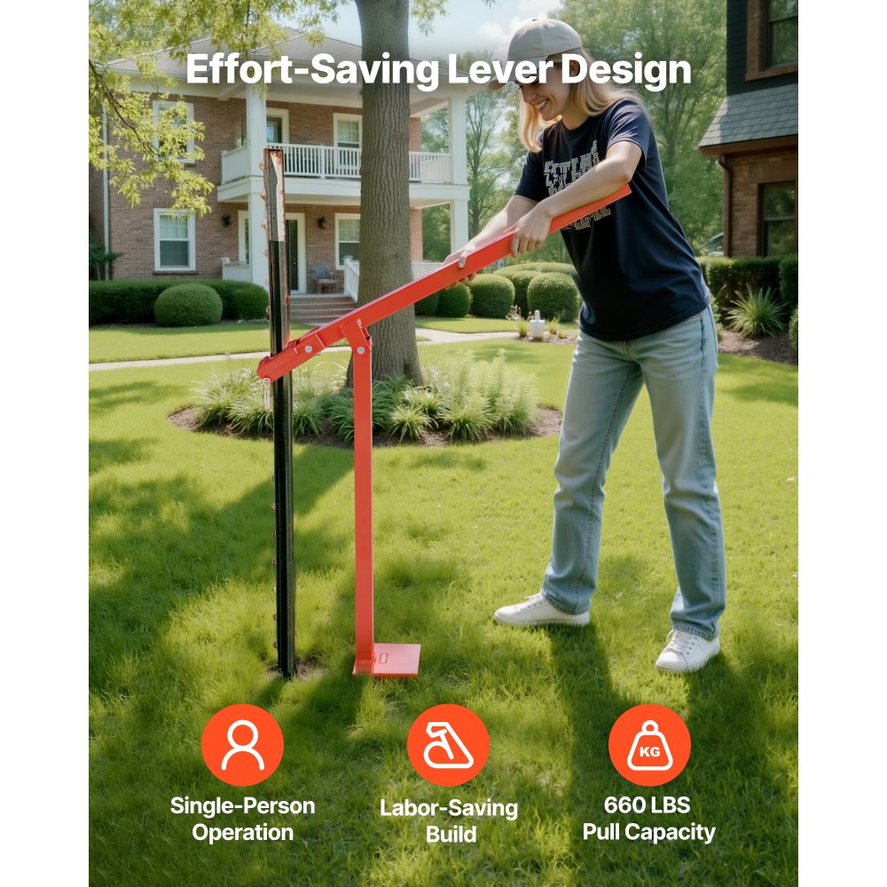 VEVOR 32 in T Post Puller, Heavy Duty Fence Post Puller with 43 in Lifting Chain, Rust-Resistant Steel, Labor-Saving T-Post Remover Tool for Round Fence Posts, Sign Posts & Tree Stumps