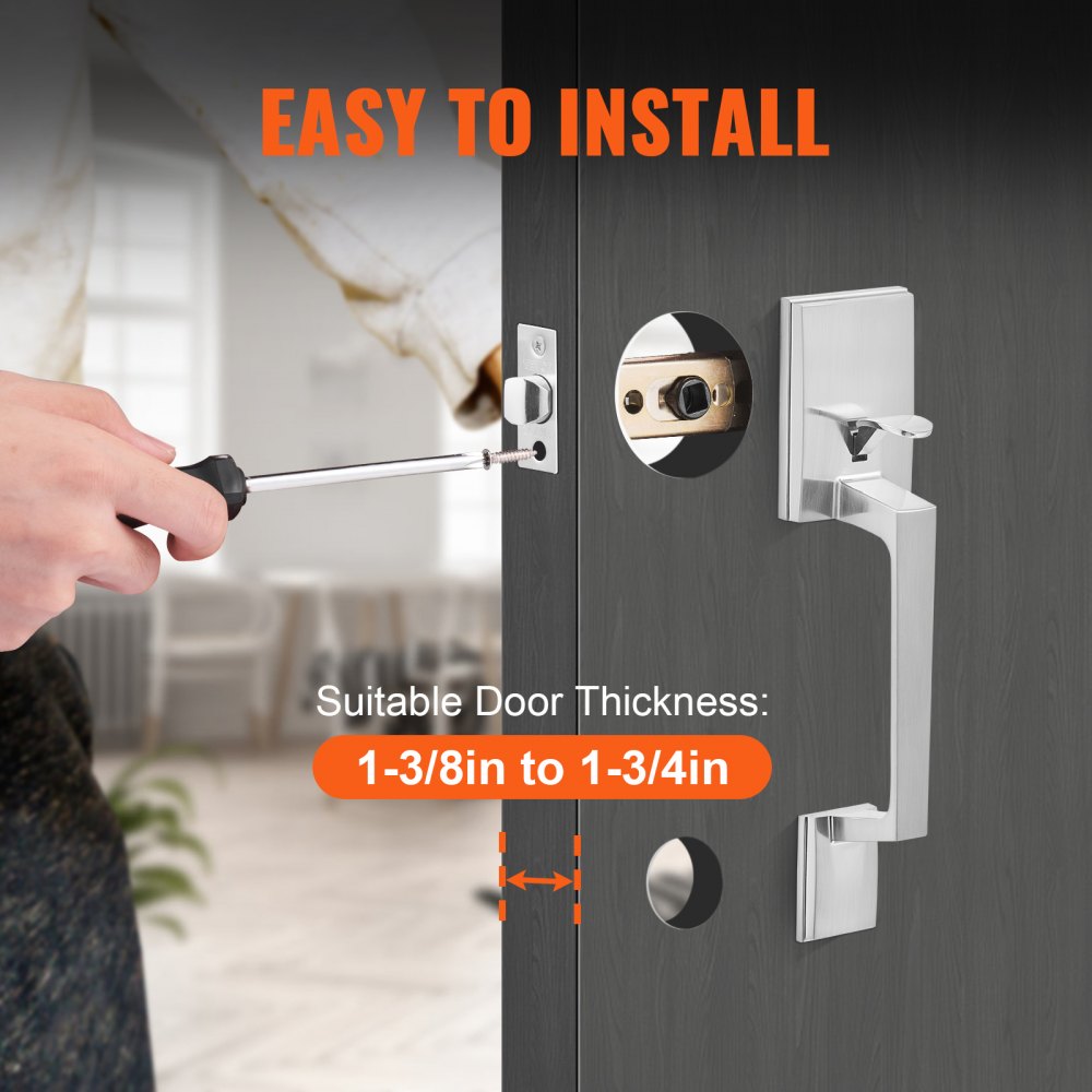 VEVOR Front Door Handle, Satin Nickel Square Handle Set with Lever Door Handle No Lock, Adjustable Hole Space, Entry Door Handle with Reversible for Right and Left Handed Entrance and Front Door