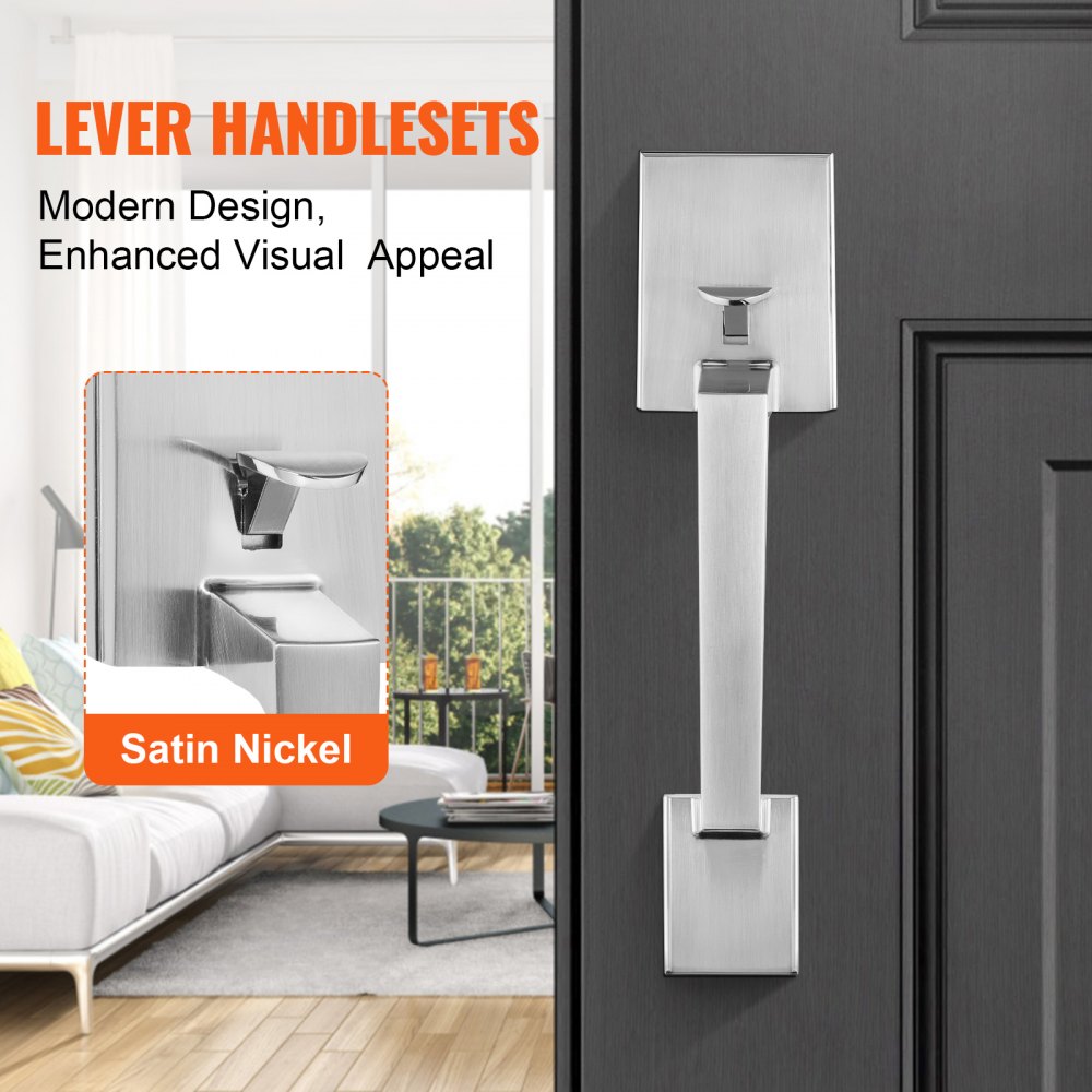 VEVOR Front Door Handle, Satin Nickel Square Handle Set with Lever Door Handle No Lock, Adjustable Hole Space, Entry Door Handle with Reversible for Right and Left Handed Entrance and Front Door