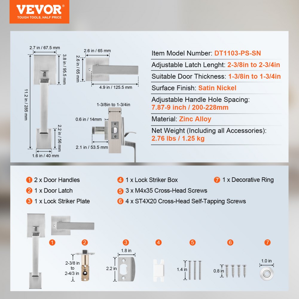 VEVOR Front Door Handle, Satin Nickel Square Handle Set with Lever Door Handle No Lock, Adjustable Hole Space, Entry Door Handle with Reversible for Right and Left Handed Entrance and Front Door